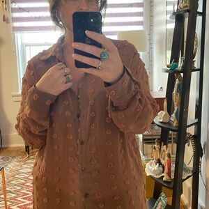 Sheer Button Up Blouse With Pom Pom Style Accents